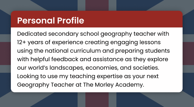 A personal profile on an English CV, highlighted with a red title bar.