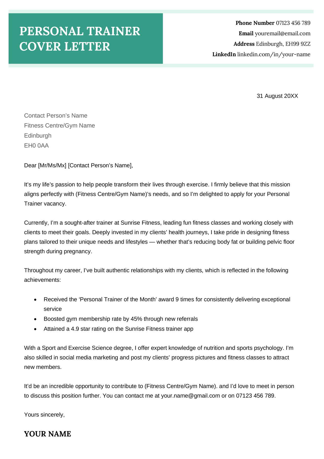 Personal Trainer Cover Letter Sample & Writing Tips for 2024