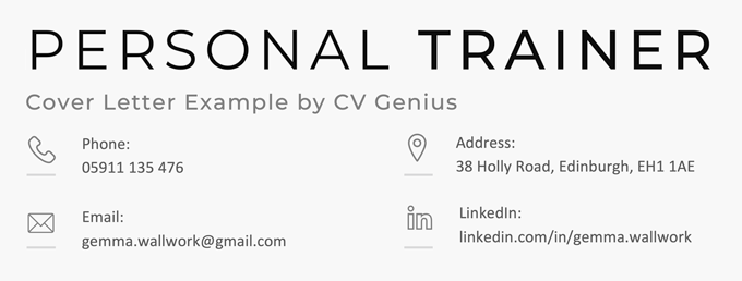 A personal trainer cover letter header with the applicant's contact information listed next to corresponding icons