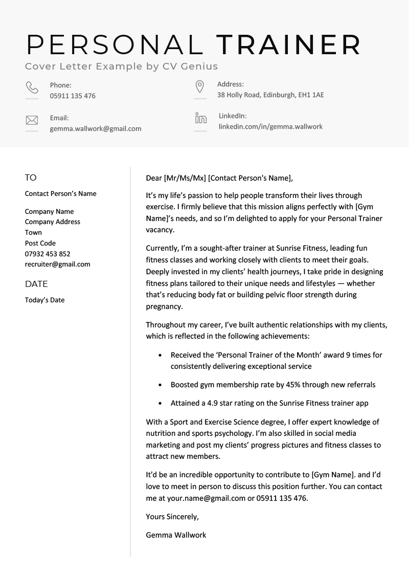 A personal trainer cover letter example with a gray header, the company contact information in a left-aligned column, and the letter copy on the right