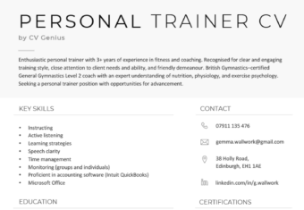 A personal trainer example CV with a modern black header, work experience, education, and skills.