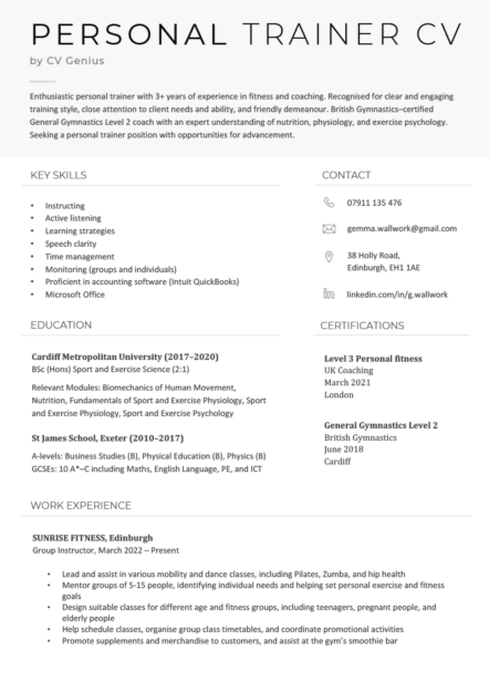 A personal trainer example CV with a modern black header, work experience, education, and skills.