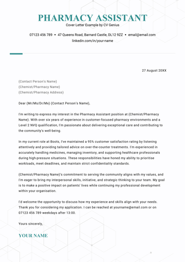 A pharmacy assistant cover letter example for UK job seekers.