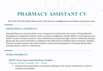 The first page of a pharmacy assistant CV with a blue header and a faded hexagon graphic in the background of the template to draw attention to the applicant's name and contact information
