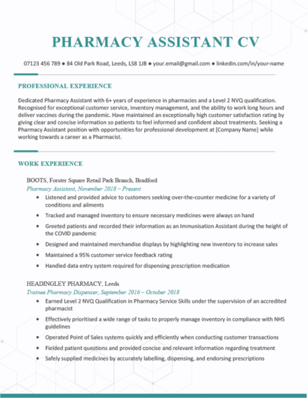 The first page of a pharmacy assistant CV with a blue header and a faded hexagon graphic in the background of the template to draw attention to the applicant's name and contact information