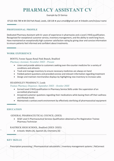 The first page of a pharmacy assistant CV with a blue header and a faded hexagon graphic in the background of the template to draw attention to the applicant's name and contact information