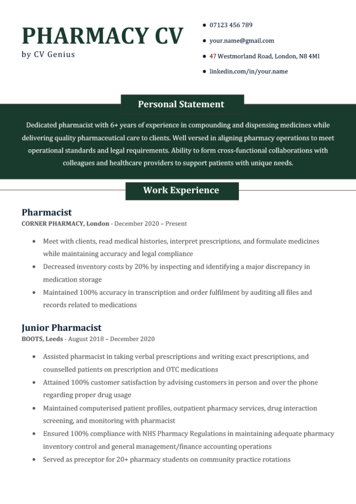 Pharmacy CV Example & How to Write