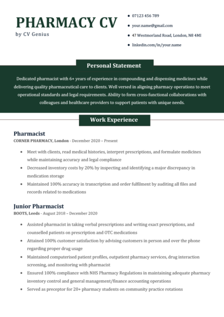 A green pharmacy CV example that includes details of the applicant's skills, experience, and qualifications.