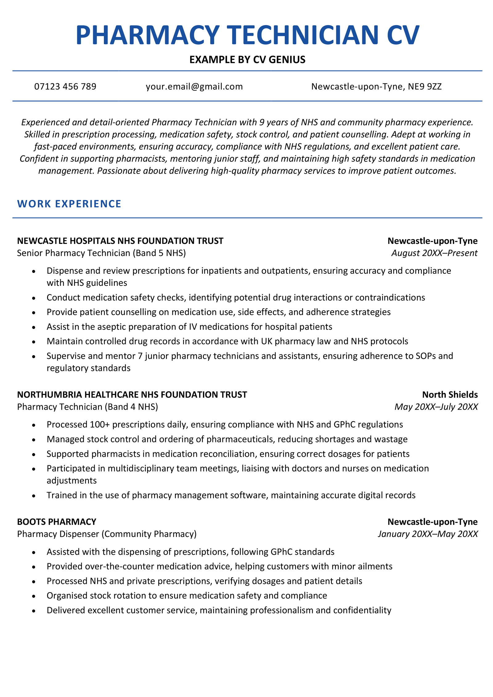 A pharmacy technician CV example.