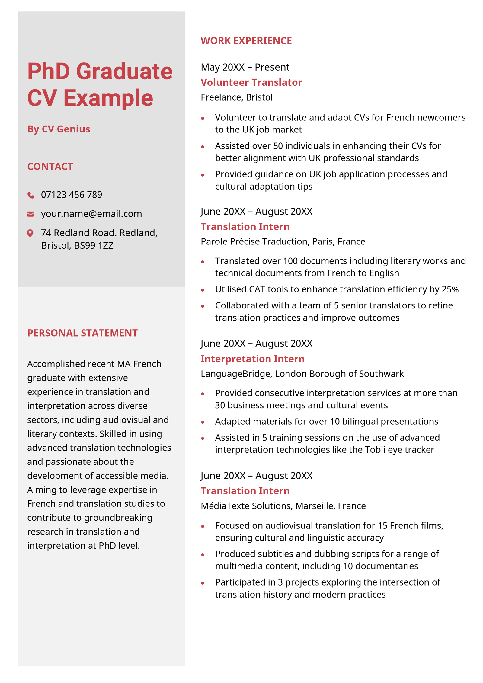 A PhD graduate CV sample that uses a unique three-colour, two-column design to convey the applicant's fit for the role.