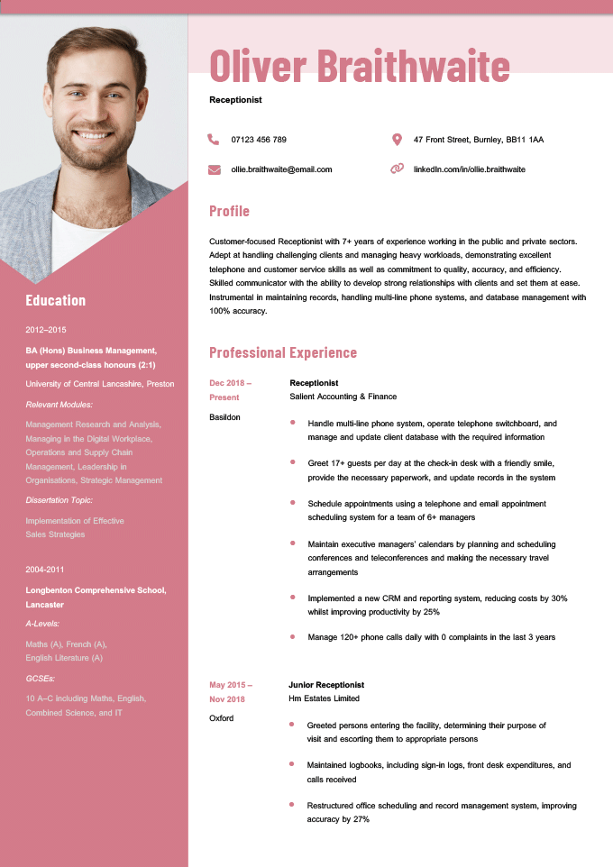 A photo CV design with a pink color scheme and the applicant's picture in the top left corner of the page