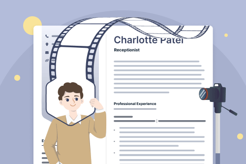 A cartoon person standing in front of a CV holding a round frame over their face to illustrate the photo on CV concept