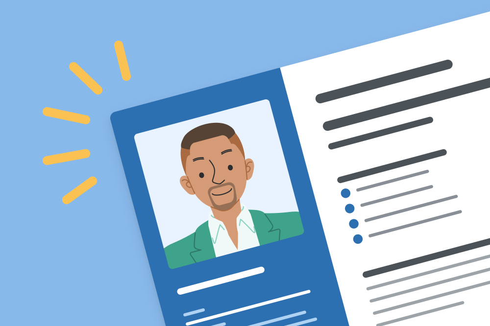 A cartoon person standing in front of a CV holding a round frame over their face to illustrate the photo on CV concept
