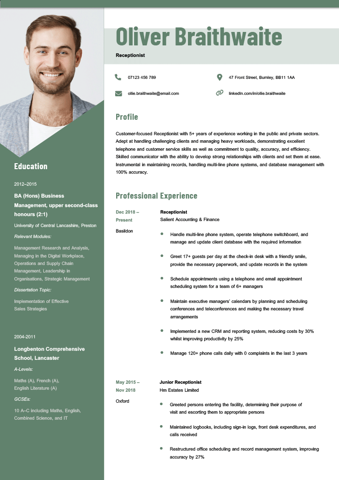 A visual CV example with a large photo in the header