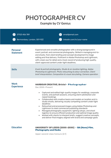 An example photographer CV.