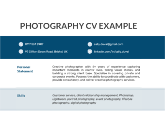 A photography cv example with a horizontal header and a horizontal blue contact information section