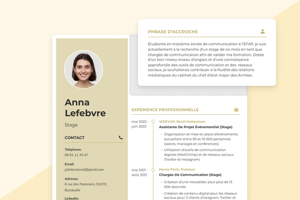 Exemple d'une phrase d'accroche CV mise en relief sur un CV et un fond jaune clair