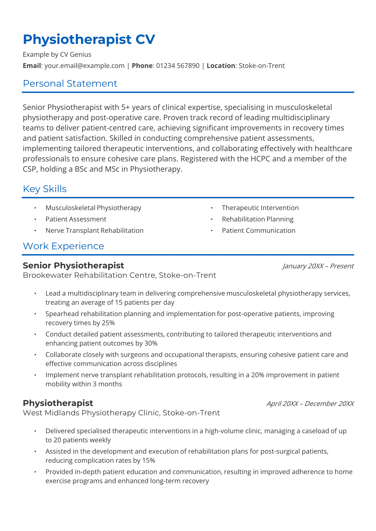 Physiotherapist CV Example & Writing Tips for 2025