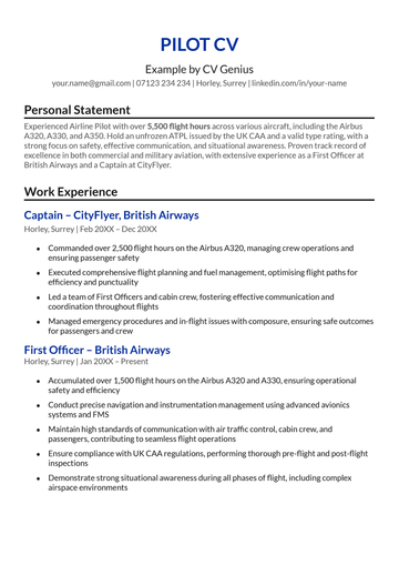 The first page of a pilot CV example.