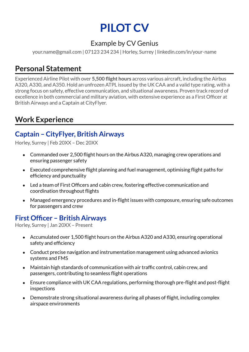 The first page of a pilot CV example.