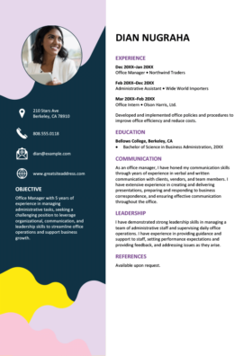 A MS Word CV template with a boldly coloured side header on the left, the applicant's image in a round frame in the top-left corner, and the applicant's relevant details in a column on the right.