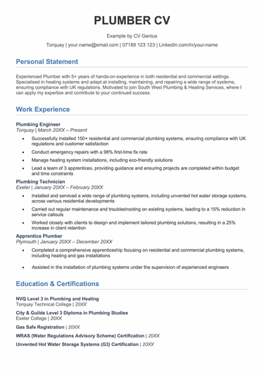 The first page of a plumber CV example.