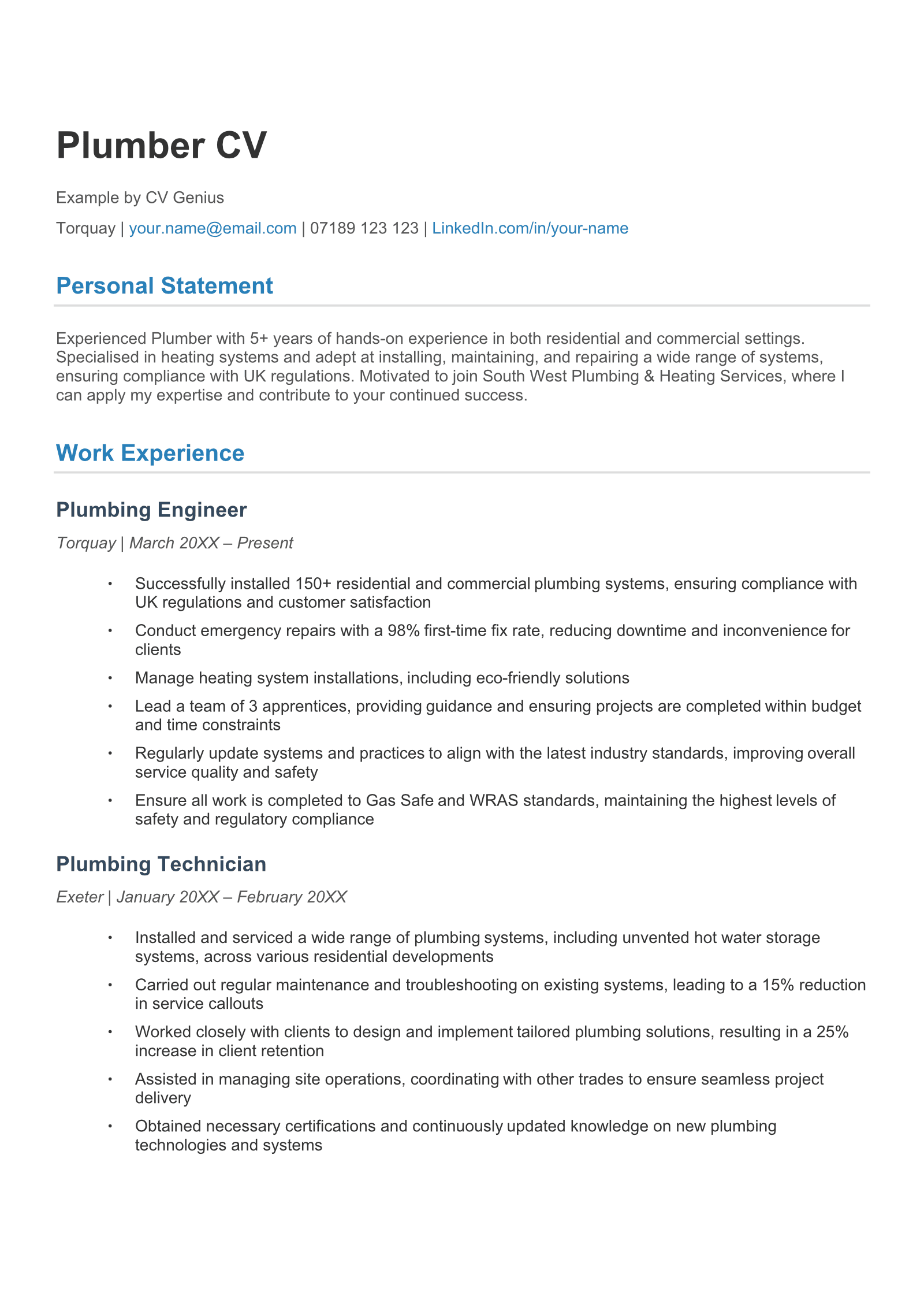 The first page of a plumber CV example.