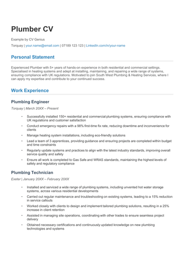 The first page of a plumber CV example.