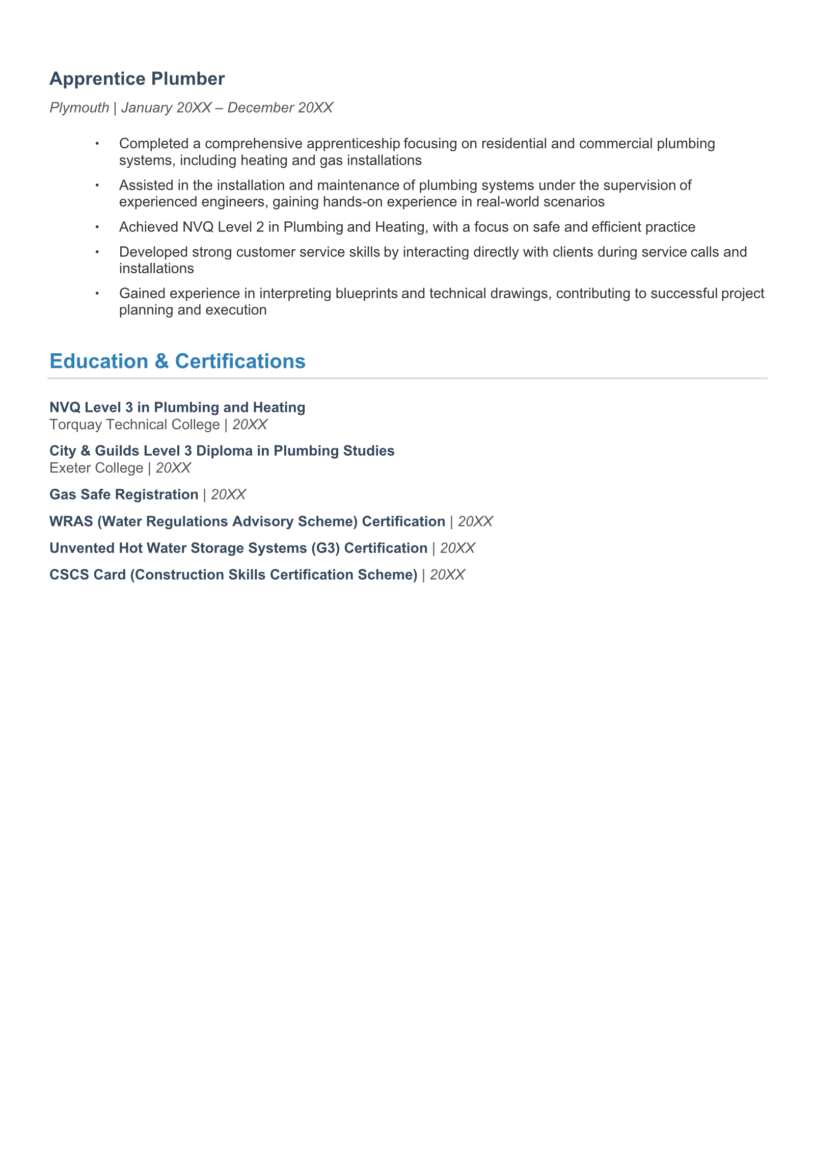 The second page of a plumber CV example.