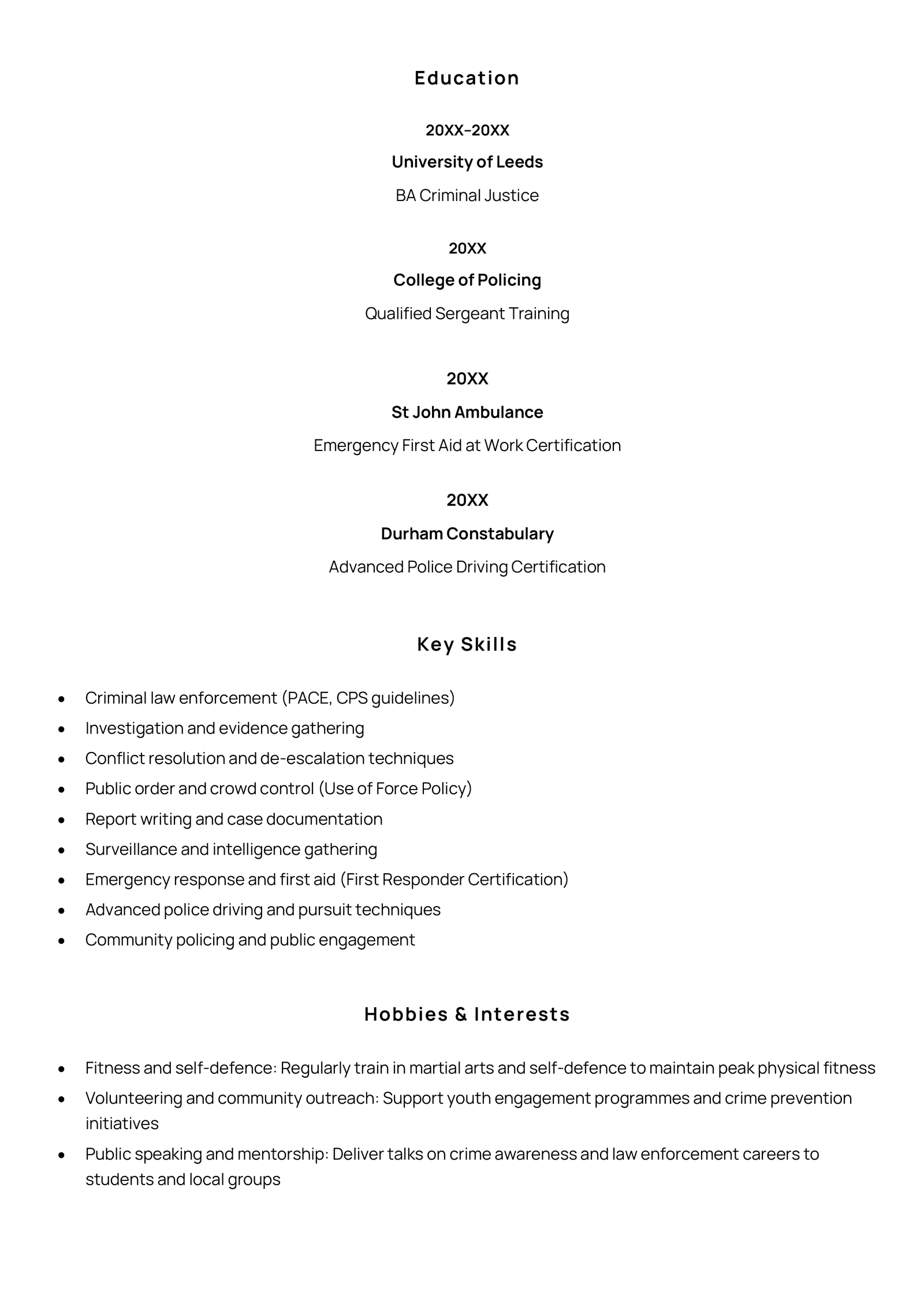 A police officer CV example (page two).