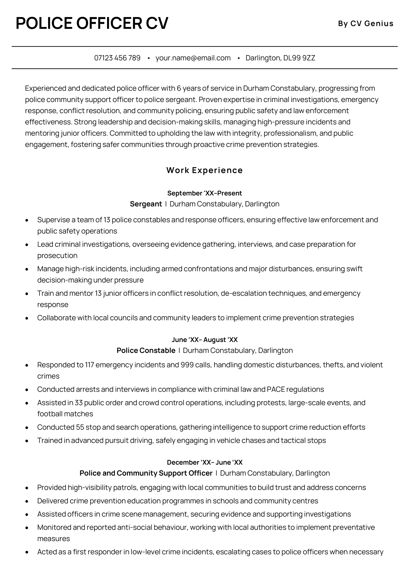 A police officer CV example (page one).