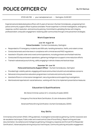 A police officer CV example (page one).