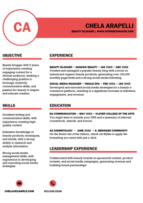 An MS Word CV template with bright red highlights, a round logo on the top-left, and bold black section headers.