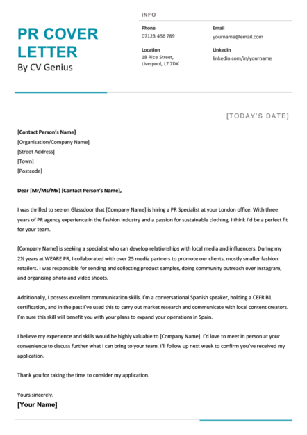 A PR cover letter template with blue header text and five paragraphs describing the applicant’s job-relevant skills and experience