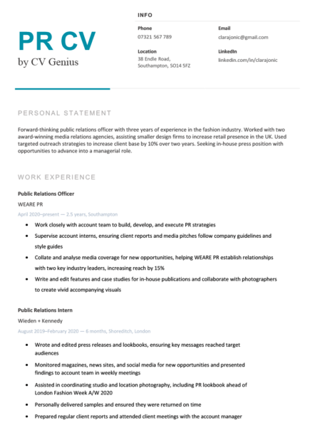 The first page of a PR CV template with blue text to highlight the title