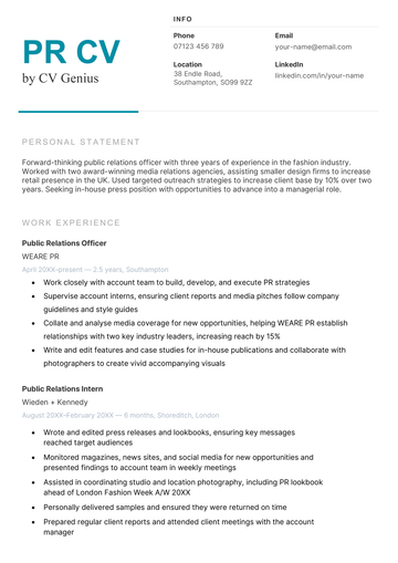 The first page of a PR CV template with blue text to highlight the title