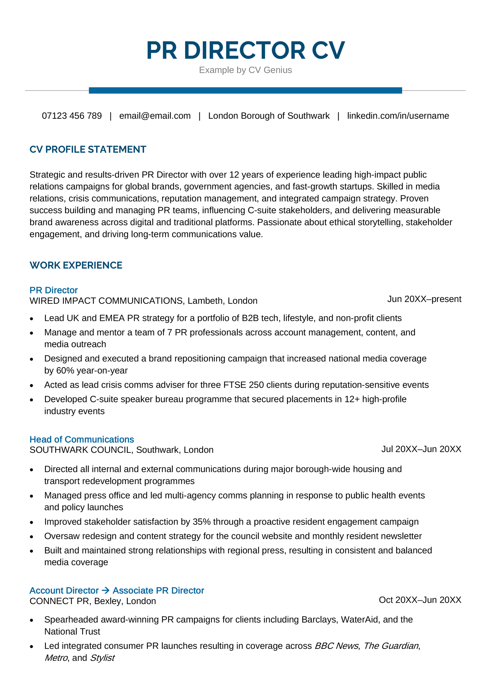 Page one of a PR director CV example.