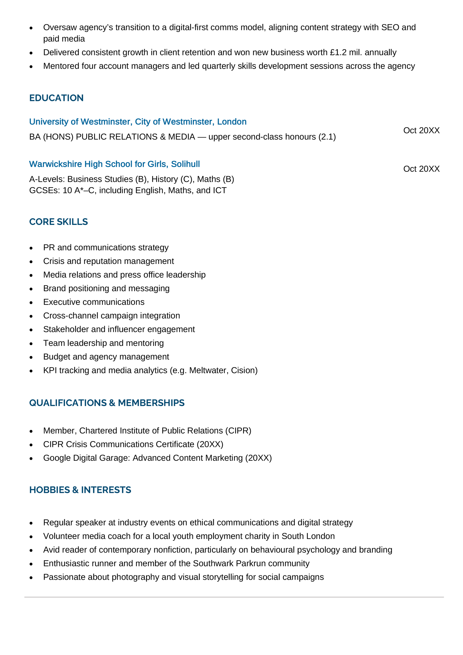 Page two of a PR director CV example.