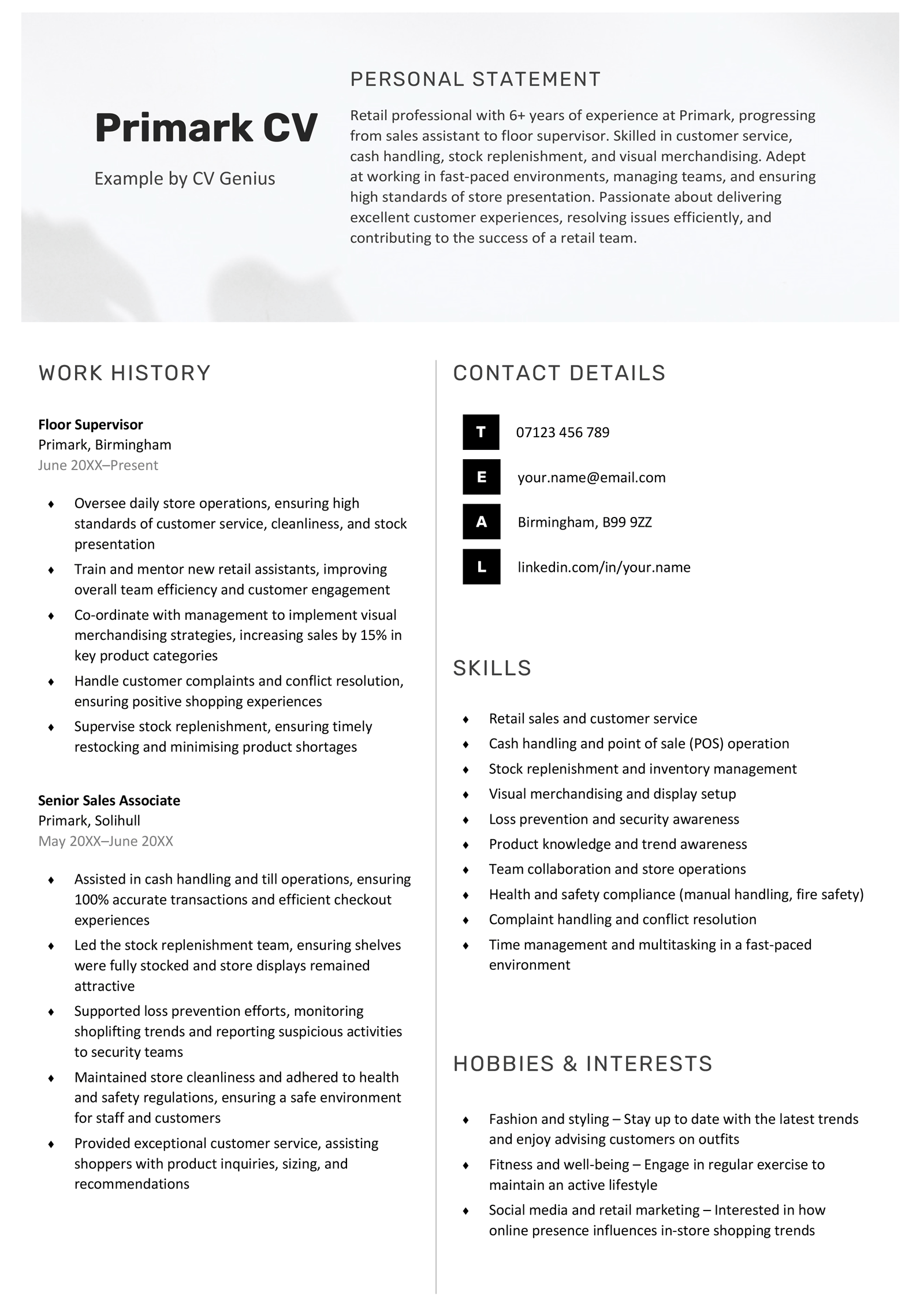 A Primark CV example.