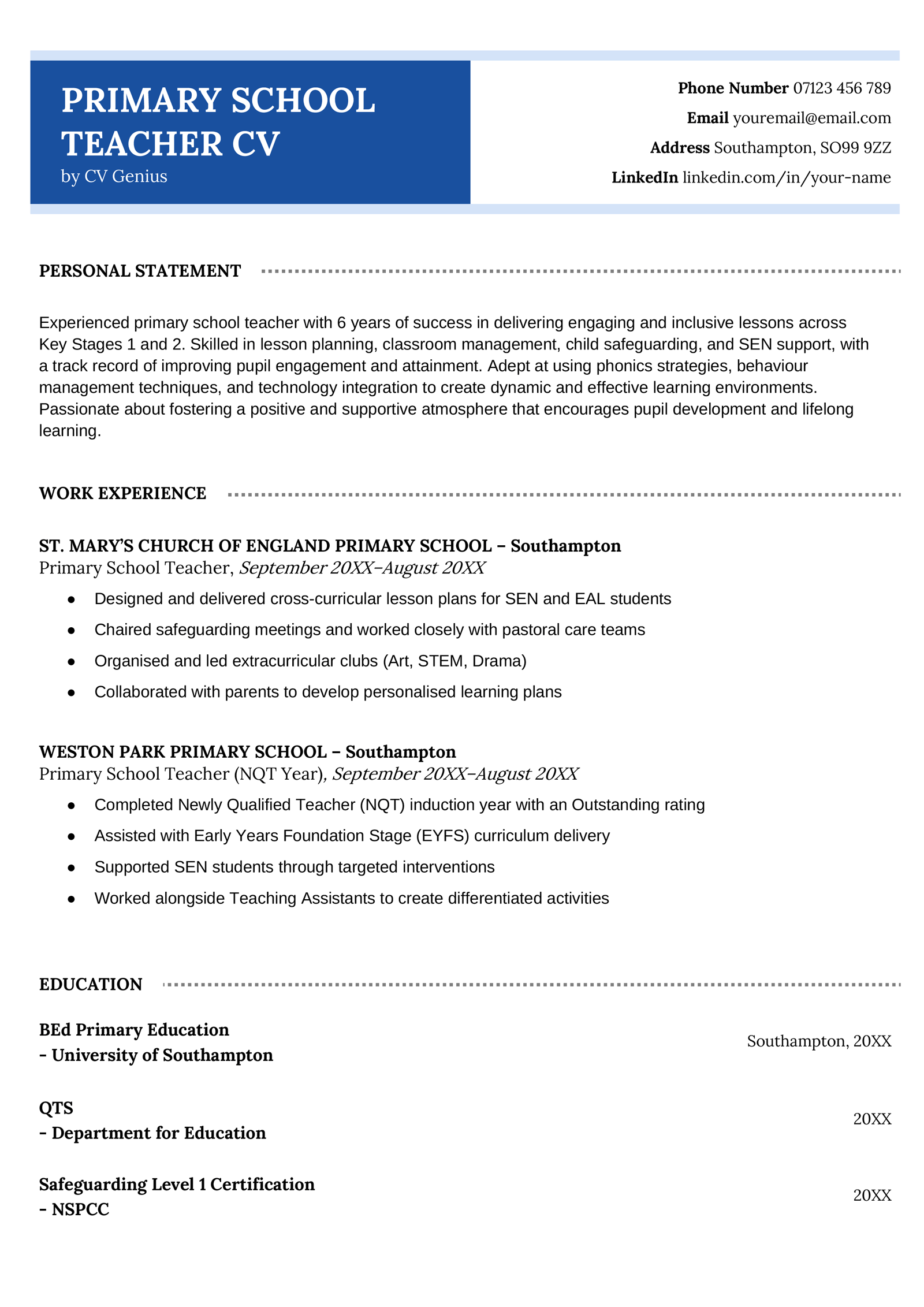 A primary school teacher CV example.