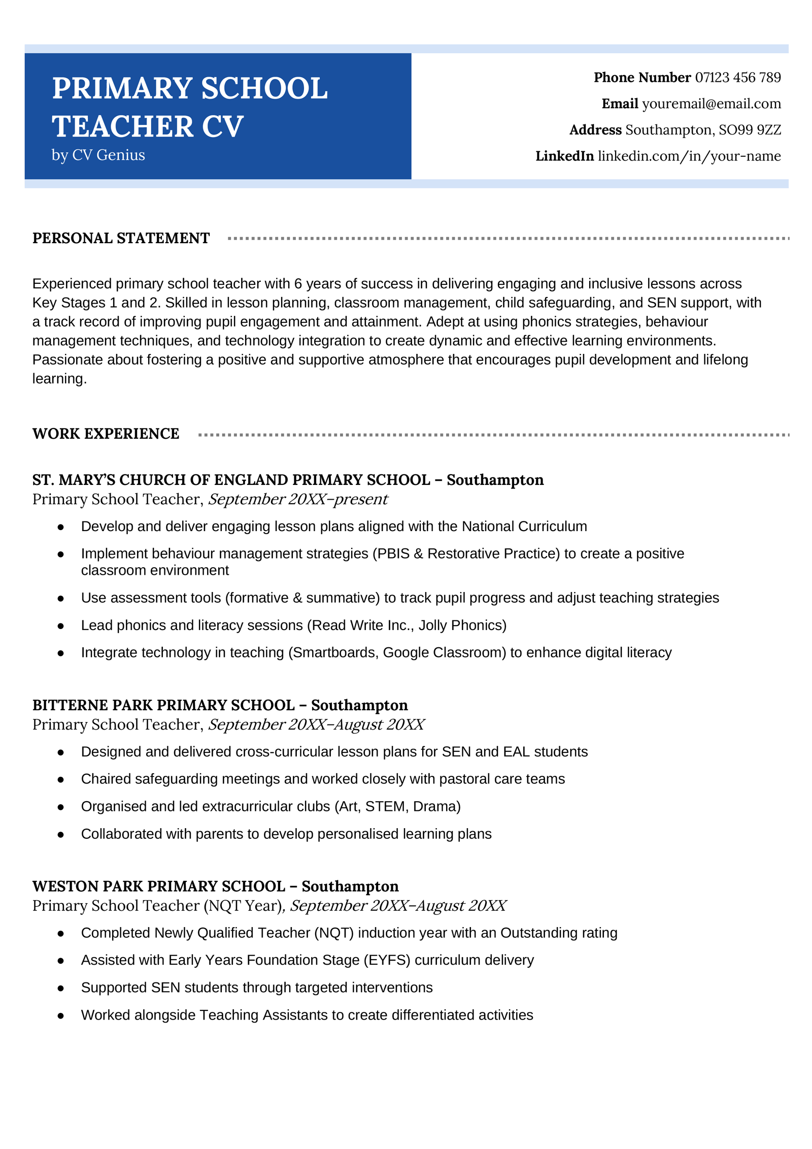 A primary school teacher CV example.