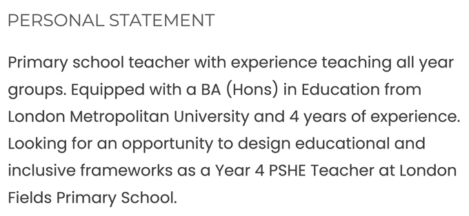 A primary teacher CV personal statement example written in black text on a white background.