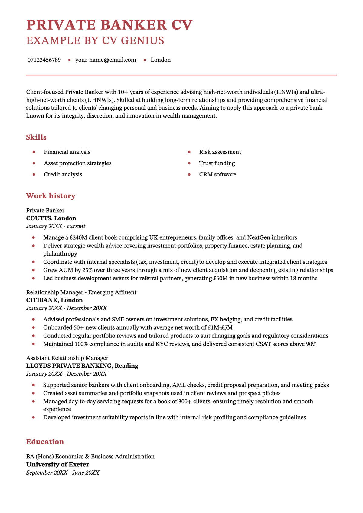 Private banker CV example