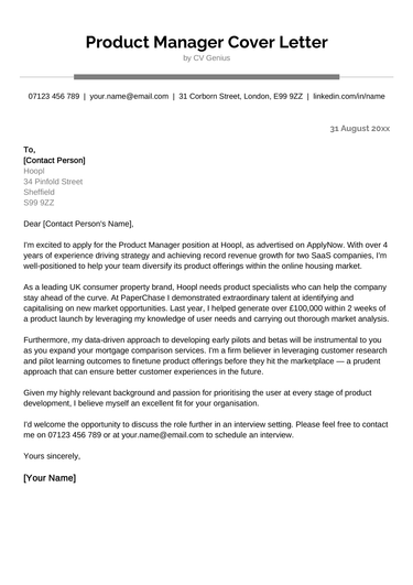 An example of a project manager cover letter with a simple yet modern header written in a clean sans serif font. The cover letter features several short paragraphs outlining why the applicant is an excellent fit for the specific PM position.