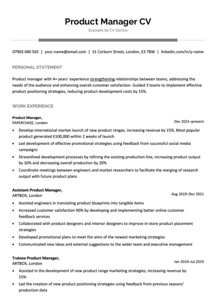 A modern product manager CV example with a simple grey header and the applicant's experience and skills arranged vertically.