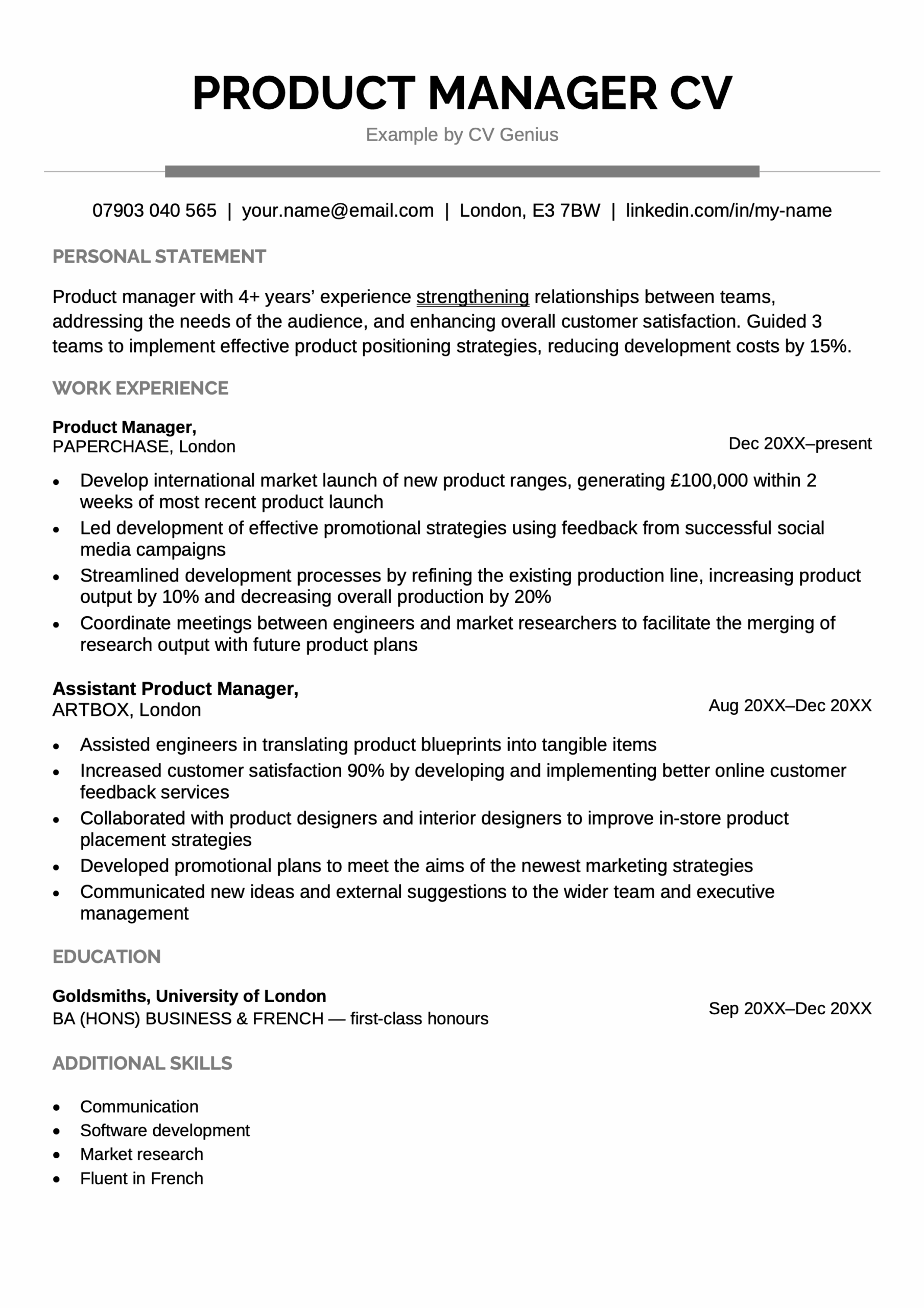 A modern product manager CV example with a simple grey header and the applicant's experience and skills arranged vertically.