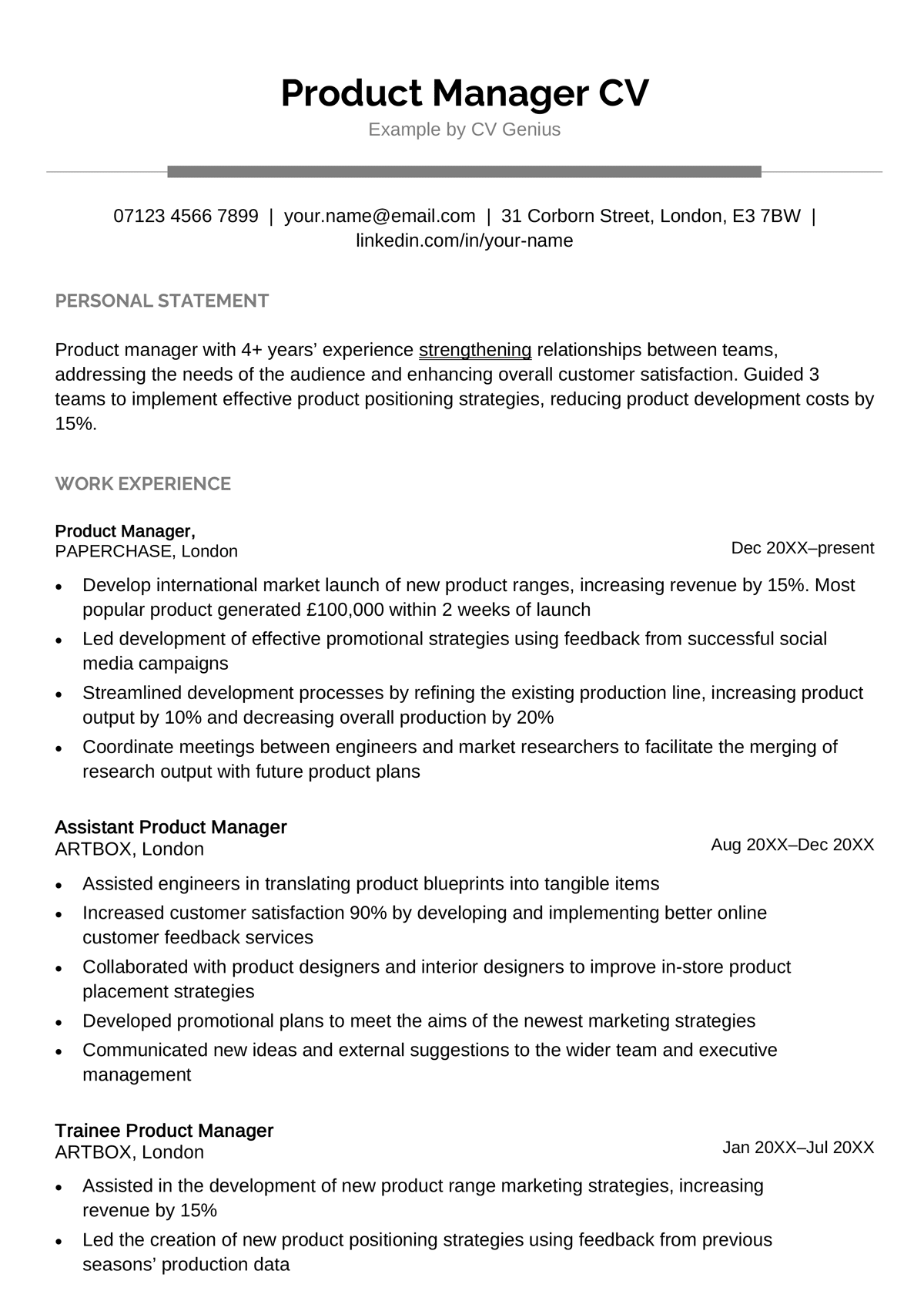 A modern product manager CV example with a simple grey header and the applicant's experience and skills arranged vertically.