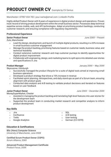 The first page of a product owner CV example