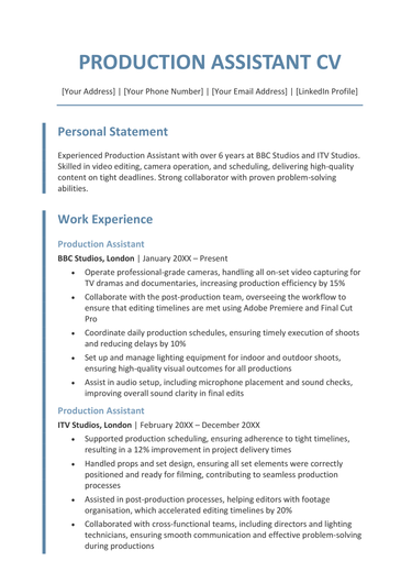 The first page of a production assistant CV example.