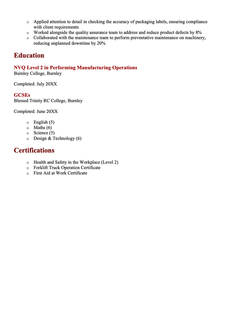 Production Operative (CV Example for 2025)